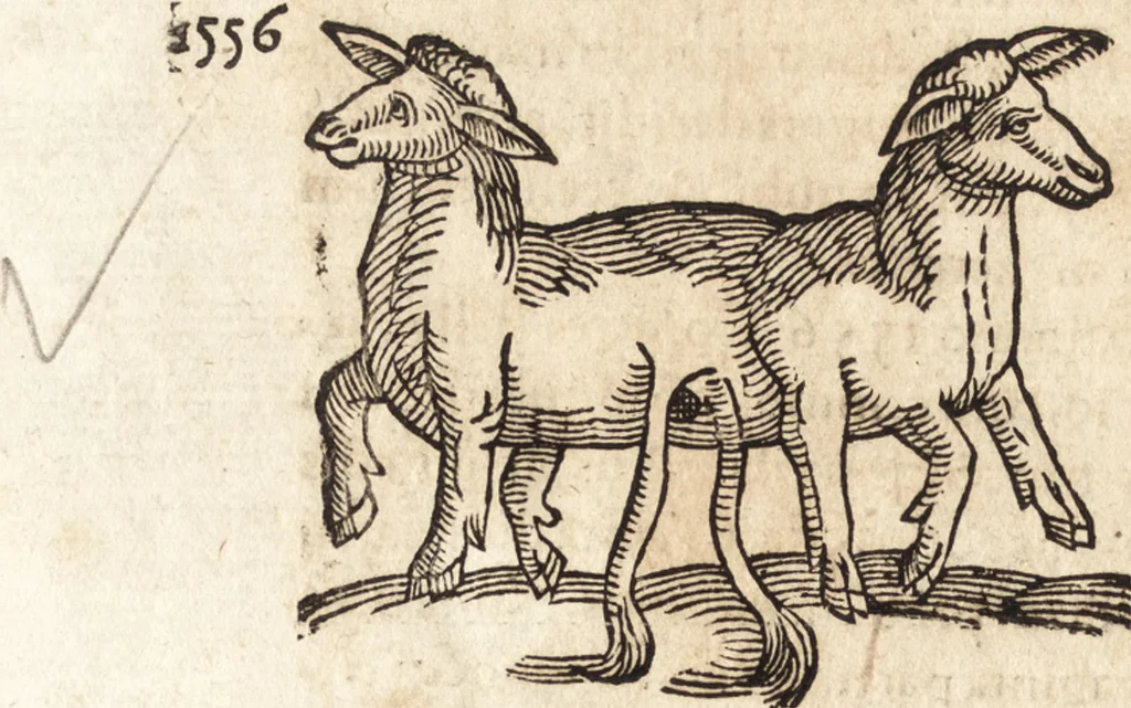 An illustration from Prodigiorvm ac ostentorvm chronicon : quae praeter naturae ordinem, motum, et operationem, et in svperioribus & his inferioribus mundi regionibus, ab exordio mundi usque ad haec nostra tempora, acciderunt ..., 1557, leaf 665