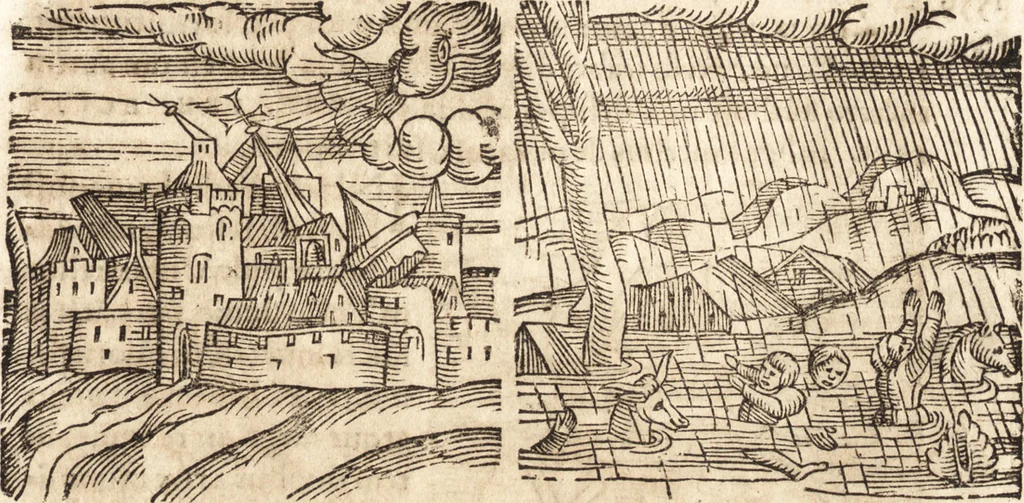 An illustration from Prodigiorvm ac ostentorvm chronicon : quae praeter naturae ordinem, motum, et operationem, et in svperioribus & his inferioribus mundi regionibus, ab exordio mundi usque ad haec nostra tempora, acciderunt ..., 1557, leaf 668