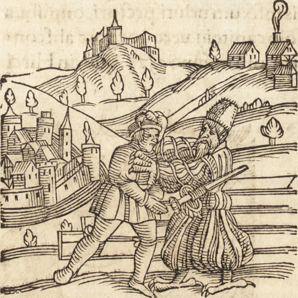 An illustration from Prodigiorvm ac ostentorvm chronicon : quae praeter naturae ordinem, motum, et operationem, et in svperioribus & his inferioribus mundi regionibus, ab exordio mundi usque ad haec nostra tempora, acciderunt ..., 1557, leaf 671