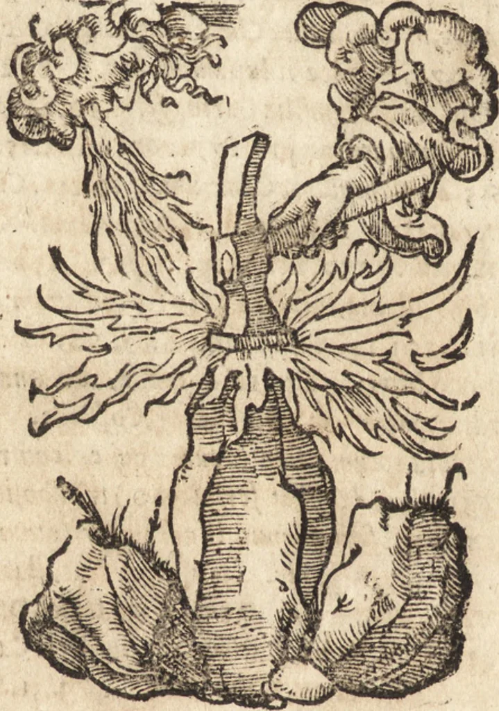 An illustration from Prodigiorvm ac ostentorvm chronicon : quae praeter naturae ordinem, motum, et operationem, et in svperioribus & his inferioribus mundi regionibus, ab exordio mundi usque ad haec nostra tempora, acciderunt ..., 1557, leaf 683