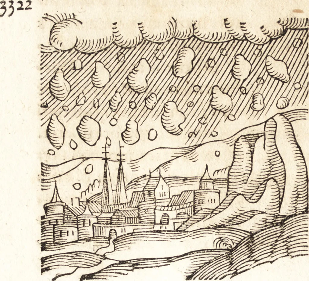 An illustration from Prodigiorvm ac ostentorvm chronicon : quae praeter naturae ordinem, motum, et operationem, et in svperioribus & his inferioribus mundi regionibus, ab exordio mundi usque ad haec nostra tempora, acciderunt ..., 1557, leaf 69