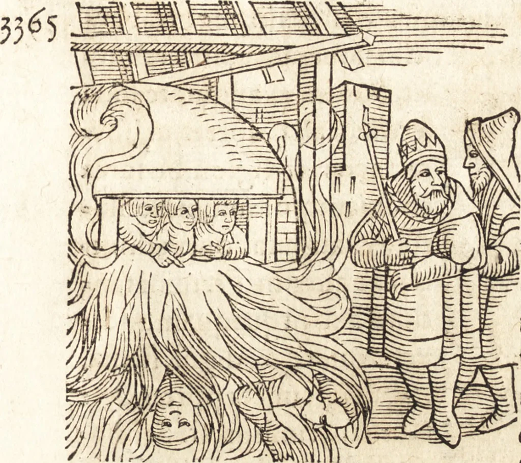 An illustration from Prodigiorvm ac ostentorvm chronicon : quae praeter naturae ordinem, motum, et operationem, et in svperioribus & his inferioribus mundi regionibus, ab exordio mundi usque ad haec nostra tempora, acciderunt ..., 1557, leaf 72