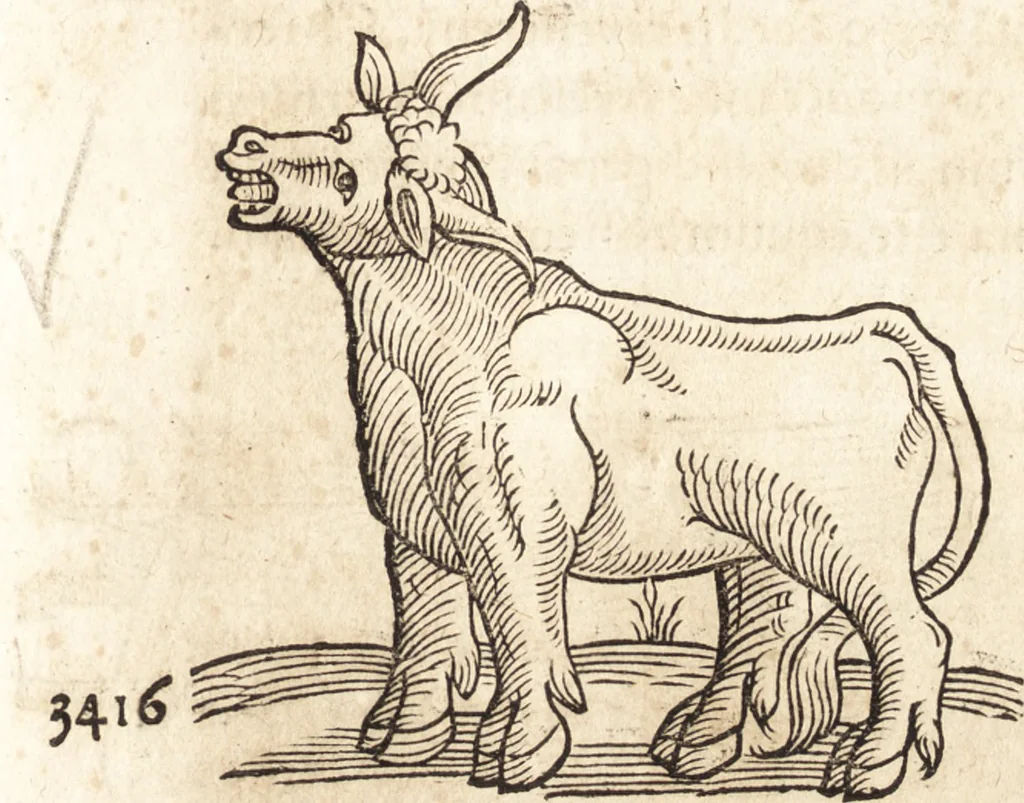 An illustration from Prodigiorvm ac ostentorvm chronicon : quae praeter naturae ordinem, motum, et operationem, et in svperioribus & his inferioribus mundi regionibus, ab exordio mundi usque ad haec nostra tempora, acciderunt ..., 1557, leaf 76