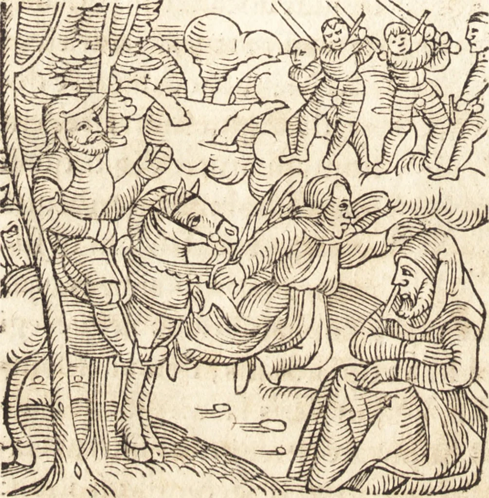 An illustration from Prodigiorvm ac ostentorvm chronicon : quae praeter naturae ordinem, motum, et operationem, et in svperioribus & his inferioribus mundi regionibus, ab exordio mundi usque ad haec nostra tempora, acciderunt ..., 1557, leaf 79