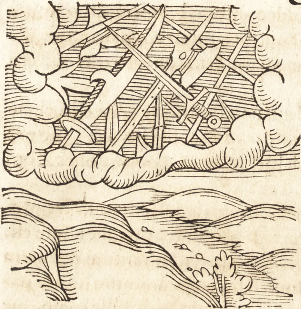 An illustration from Prodigiorvm ac ostentorvm chronicon : quae praeter naturae ordinem, motum, et operationem, et in svperioribus & his inferioribus mundi regionibus, ab exordio mundi usque ad haec nostra tempora, acciderunt ..., 1557, leaf 81