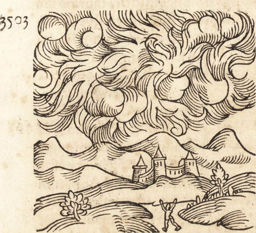 An illustration from Prodigiorvm ac ostentorvm chronicon : quae praeter naturae ordinem, motum, et operationem, et in svperioribus & his inferioribus mundi regionibus, ab exordio mundi usque ad haec nostra tempora, acciderunt ..., 1557, leaf 87
