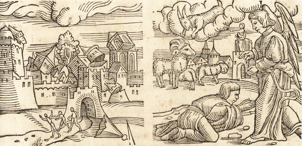 An illustration from Prodigiorvm ac ostentorvm chronicon : quae praeter naturae ordinem, motum, et operationem, et in svperioribus & his inferioribus mundi regionibus, ab exordio mundi usque ad haec nostra tempora, acciderunt ..., 1557, leaf 88
