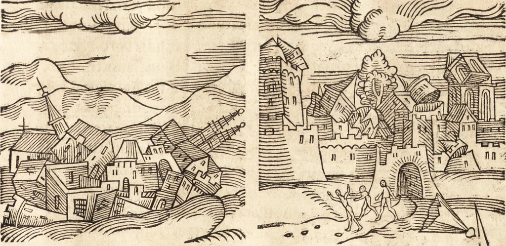 An illustration from Prodigiorvm ac ostentorvm chronicon : quae praeter naturae ordinem, motum, et operationem, et in svperioribus & his inferioribus mundi regionibus, ab exordio mundi usque ad haec nostra tempora, acciderunt ..., 1557, leaf 90