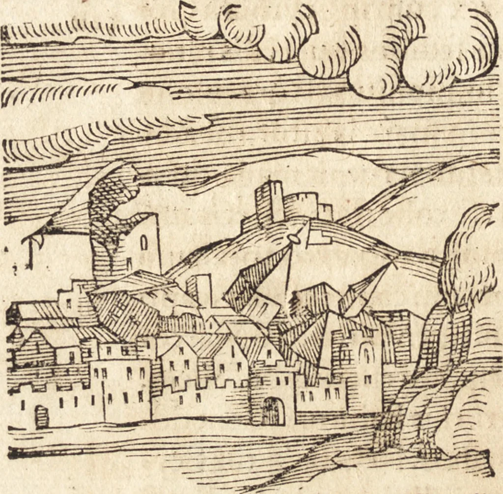 An illustration from Prodigiorvm ac ostentorvm chronicon : quae praeter naturae ordinem, motum, et operationem, et in svperioribus & his inferioribus mundi regionibus, ab exordio mundi usque ad haec nostra tempora, acciderunt ..., 1557, leaf 91
