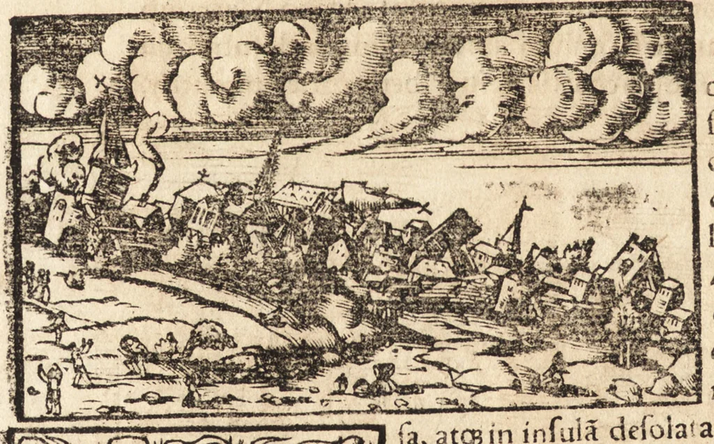 An illustration from Prodigiorvm ac ostentorvm chronicon : quae praeter naturae ordinem, motum, et operationem, et in svperioribus & his inferioribus mundi regionibus, ab exordio mundi usque ad haec nostra tempora, acciderunt ..., 1557, leaf 91