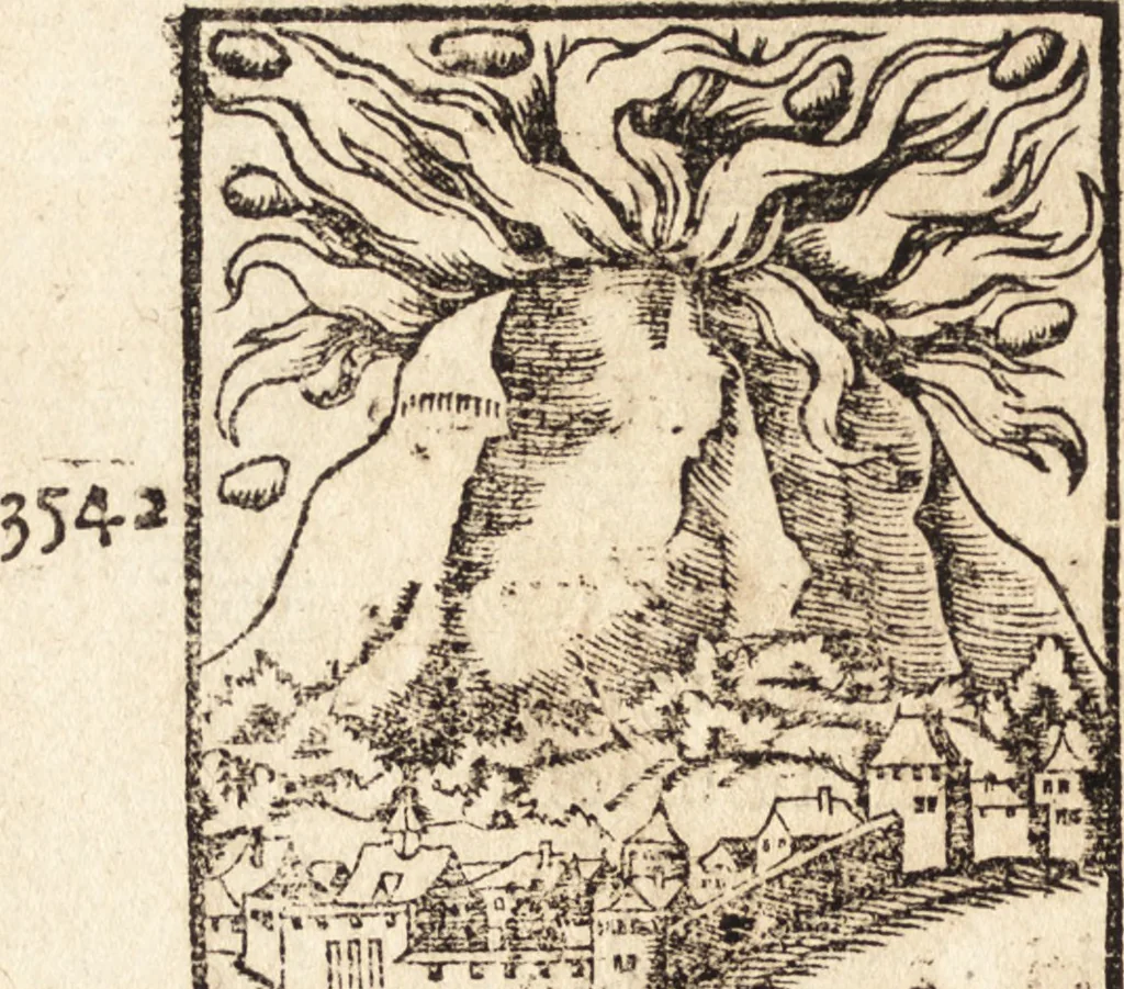 An illustration from Prodigiorvm ac ostentorvm chronicon : quae praeter naturae ordinem, motum, et operationem, et in svperioribus & his inferioribus mundi regionibus, ab exordio mundi usque ad haec nostra tempora, acciderunt ..., 1557, leaf 91