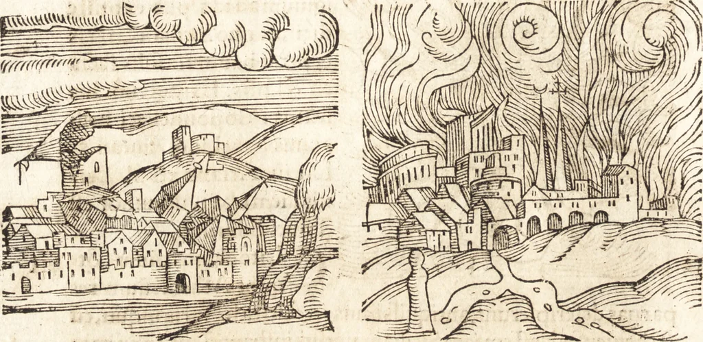 An illustration from Prodigiorvm ac ostentorvm chronicon : quae praeter naturae ordinem, motum, et operationem, et in svperioribus & his inferioribus mundi regionibus, ab exordio mundi usque ad haec nostra tempora, acciderunt ..., 1557, leaf 93