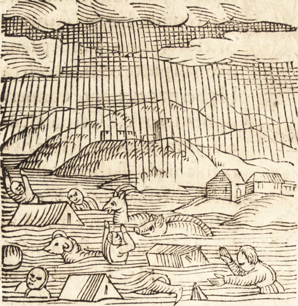 An illustration from Prodigiorvm ac ostentorvm chronicon : quae praeter naturae ordinem, motum, et operationem, et in svperioribus & his inferioribus mundi regionibus, ab exordio mundi usque ad haec nostra tempora, acciderunt ..., 1557, leaf 93