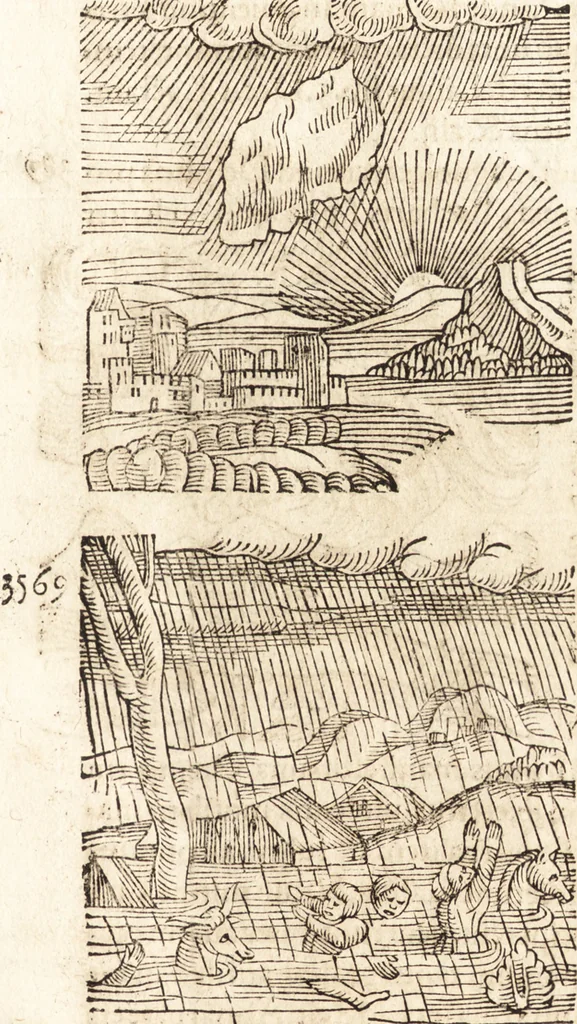 An illustration from Prodigiorvm ac ostentorvm chronicon : quae praeter naturae ordinem, motum, et operationem, et in svperioribus & his inferioribus mundi regionibus, ab exordio mundi usque ad haec nostra tempora, acciderunt ..., 1557, leaf 94
