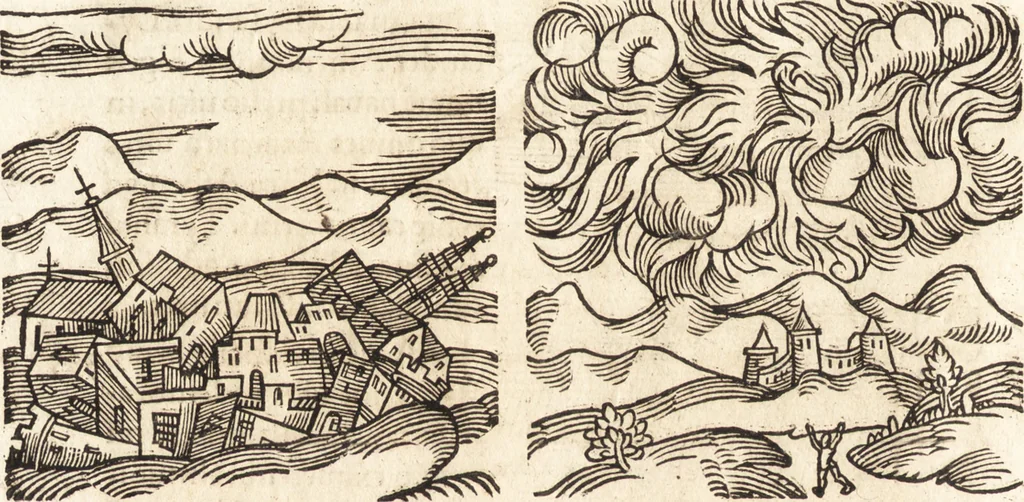 An illustration from Prodigiorvm ac ostentorvm chronicon : quae praeter naturae ordinem, motum, et operationem, et in svperioribus & his inferioribus mundi regionibus, ab exordio mundi usque ad haec nostra tempora, acciderunt ..., 1557, leaf 95