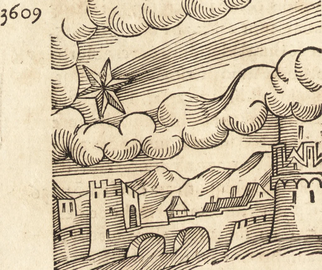 An illustration from Prodigiorvm ac ostentorvm chronicon : quae praeter naturae ordinem, motum, et operationem, et in svperioribus & his inferioribus mundi regionibus, ab exordio mundi usque ad haec nostra tempora, acciderunt ..., 1557, leaf 97