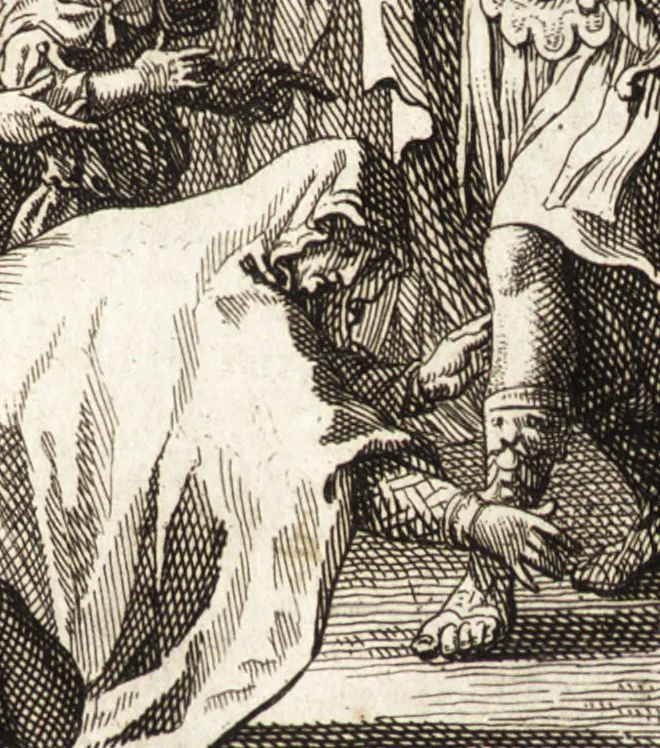 An illustration from Q. Curtius Rufus De rebus gestis Alexandri Magni : cum commentariis Raderi, Bongarsii, Popmae, Salmaaii, Gronovii, Loccenii & Freinshemii : hujusque & vetustioribus supplementis, nec non locorum difficiliorum interpretatione, & indice philologico locupletissimo rerum & verborum : accedunt figurae aeneae ad historiam Alexandri Magni apud curtium illustrandam necessariae, 1696, leaf 138
