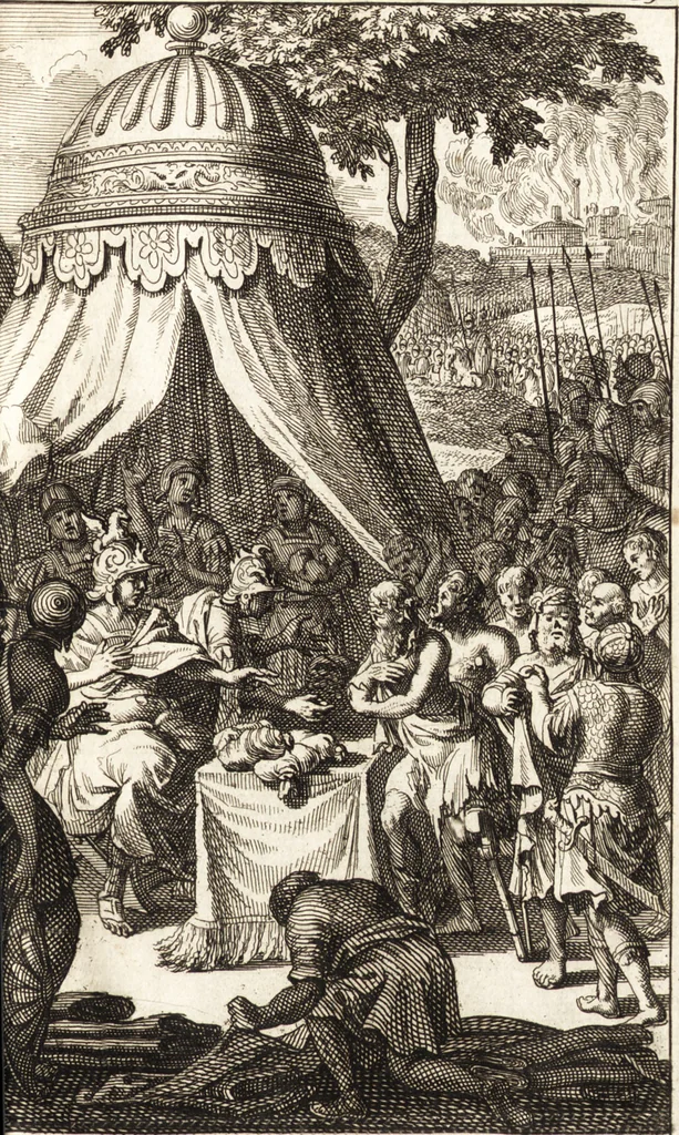 An illustration from Q. Curtius Rufus De rebus gestis Alexandri Magni : cum commentariis Raderi, Bongarsii, Popmae, Salmaaii, Gronovii, Loccenii & Freinshemii : hujusque & vetustioribus supplementis, nec non locorum difficiliorum interpretatione, & indice philologico locupletissimo rerum & verborum : accedunt figurae aeneae ad historiam Alexandri Magni apud curtium illustrandam necessariae, 1696, leaf 368