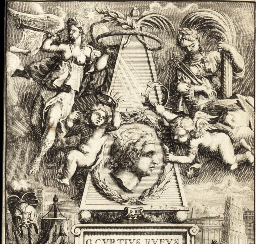 An illustration from Q. Curtius Rufus De rebus gestis Alexandri Magni : cum commentariis Raderi, Bongarsii, Popmae, Salmaaii, Gronovii, Loccenii & Freinshemii : hujusque & vetustioribus supplementis, nec non locorum difficiliorum interpretatione, & indice philologico locupletissimo rerum & verborum : accedunt figurae aeneae ad historiam Alexandri Magni apud curtium illustrandam necessariae, 1696, leaf 4