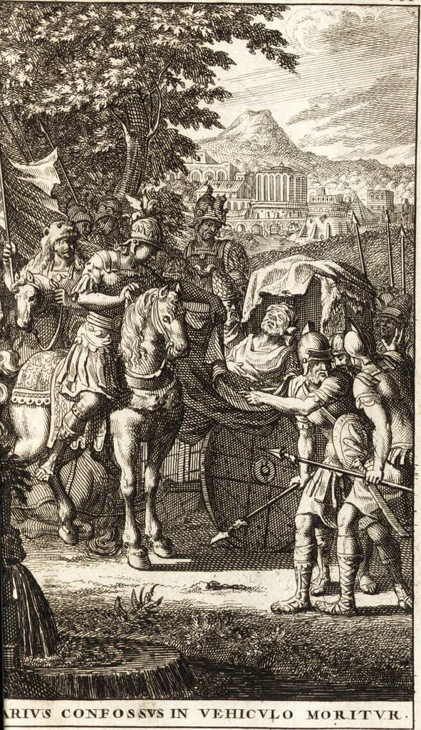 An illustration from Q. Curtius Rufus De rebus gestis Alexandri Magni : cum commentariis Raderi, Bongarsii, Popmae, Salmaaii, Gronovii, Loccenii & Freinshemii : hujusque & vetustioribus supplementis, nec non locorum difficiliorum interpretatione, & indice philologico locupletissimo rerum & verborum : accedunt figurae aeneae ad historiam Alexandri Magni apud curtium illustrandam necessariae, 1696, leaf 418