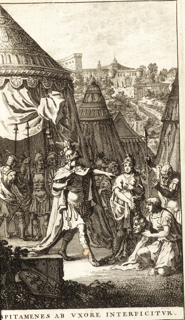 An illustration from Q. Curtius Rufus De rebus gestis Alexandri Magni : cum commentariis Raderi, Bongarsii, Popmae, Salmaaii, Gronovii, Loccenii & Freinshemii : hujusque & vetustioribus supplementis, nec non locorum difficiliorum interpretatione, & indice philologico locupletissimo rerum & verborum : accedunt figurae aeneae ad historiam Alexandri Magni apud curtium illustrandam necessariae, 1696, leaf 644