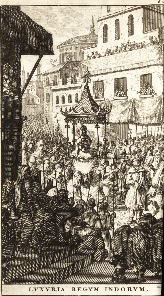 An illustration from Q. Curtius Rufus De rebus gestis Alexandri Magni : cum commentariis Raderi, Bongarsii, Popmae, Salmaaii, Gronovii, Loccenii & Freinshemii : hujusque & vetustioribus supplementis, nec non locorum difficiliorum interpretatione, & indice philologico locupletissimo rerum & verborum : accedunt figurae aeneae ad historiam Alexandri Magni apud curtium illustrandam necessariae, 1696, leaf 699