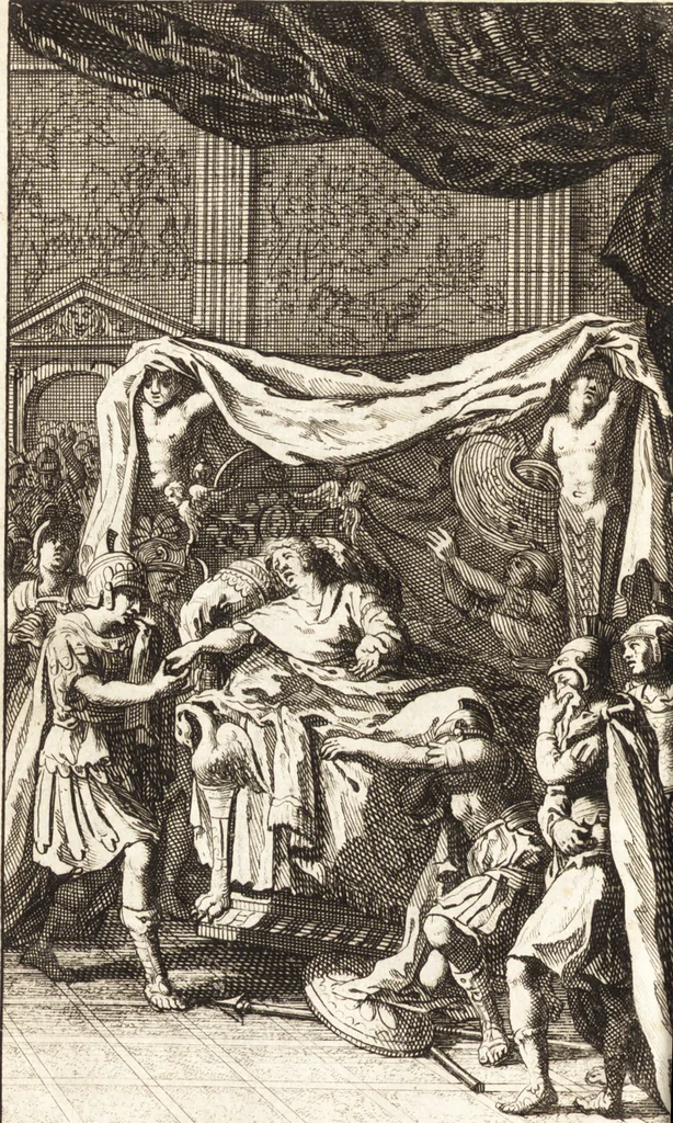 An illustration from Q. Curtius Rufus De rebus gestis Alexandri Magni : cum commentariis Raderi, Bongarsii, Popmae, Salmaaii, Gronovii, Loccenii & Freinshemii : hujusque & vetustioribus supplementis, nec non locorum difficiliorum interpretatione, & indice philologico locupletissimo rerum & verborum : accedunt figurae aeneae ad historiam Alexandri Magni apud curtium illustrandam necessariae, 1696, leaf 857