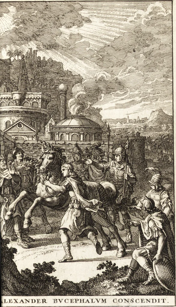 An illustration from Q. Curtius Rufus De rebus gestis Alexandri Magni : cum commentariis Raderi, Bongarsii, Popmae, Salmaaii, Gronovii, Loccenii & Freinshemii : hujusque & vetustioribus supplementis, nec non locorum difficiliorum interpretatione, & indice philologico locupletissimo rerum & verborum : accedunt figurae aeneae ad historiam Alexandri Magni apud curtium illustrandam necessariae, 1696, leaf 916