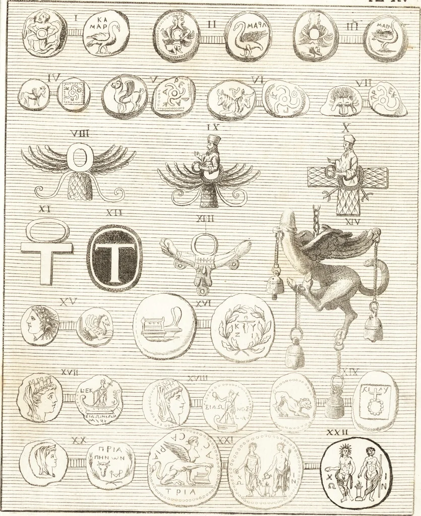 An illustration from Recherches sur l'origine, l'esprit et les progrès des arts de la Grèce : sur leur connexion avec les arts et la religion de plus anciens peuples connus : sur les monumens antiques de l'Inde, de la Perse, du reste de l'Asie, de l'Europe et de l'Égypte, 1785, leaf 576