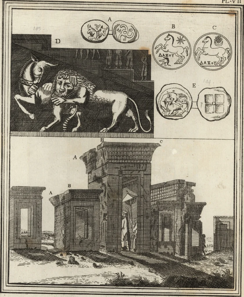 An illustration from Recherches sur l'origine, l'esprit et les progrès des arts de la Grèce : sur leur connexion avec les arts et la religion de plus anciens peuples connus : sur les monumens antiques de l'Inde, de la Perse, du reste de l'Asie, de l'Europe et de l'Égypte, 1785, leaf 212
