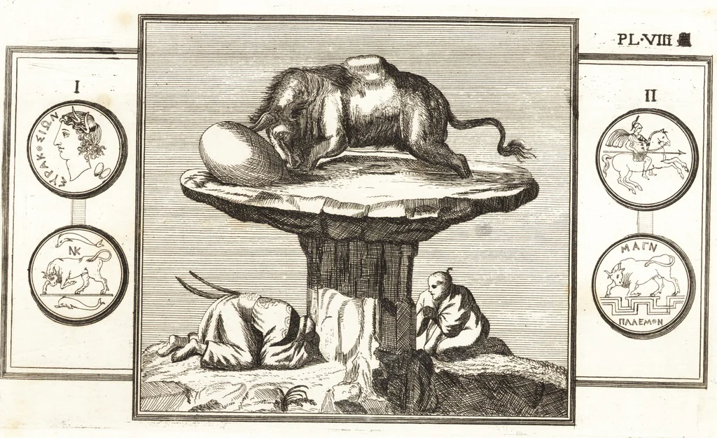 An illustration from Recherches sur l'origine, l'esprit et les progrès des arts de la Grèce : sur leur connexion avec les arts et la religion de plus anciens peuples connus : sur les monumens antiques de l'Inde, de la Perse, du reste de l'Asie, de l'Europe et de l'Égypte, 1785, leaf 214