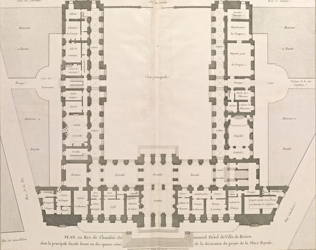 An illustration from Recueil des plans, coupes et elévations du nouvel Hôtel de ville de Rouen : dont la construction a été commencée en mai 1757, et avec les plans d'un accroissement et autres ouvrages projettés par cette ville, 1758, leaf 23