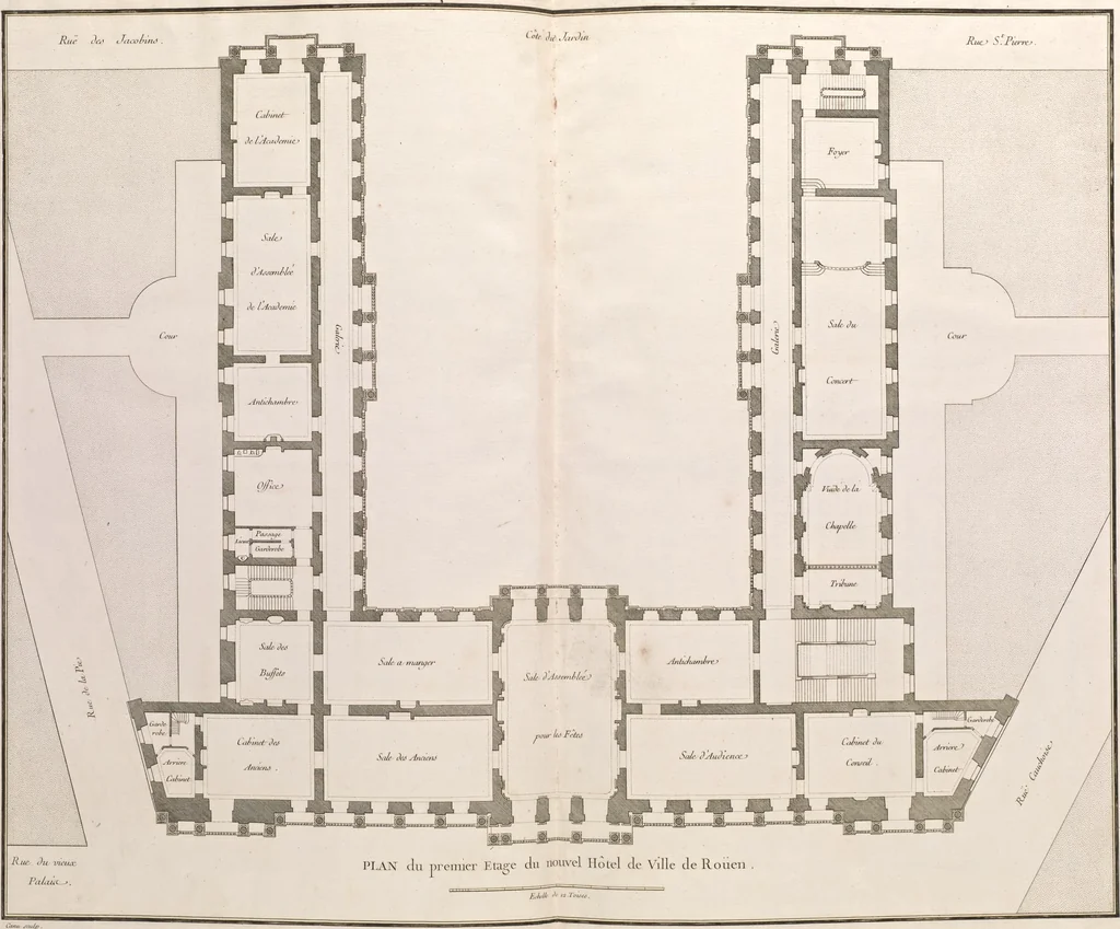 An illustration from Recueil des plans, coupes et elévations du nouvel Hôtel de ville de Rouen : dont la construction a été commencée en mai 1757, et avec les plans d'un accroissement et autres ouvrages projettés par cette ville, 1758, leaf 27