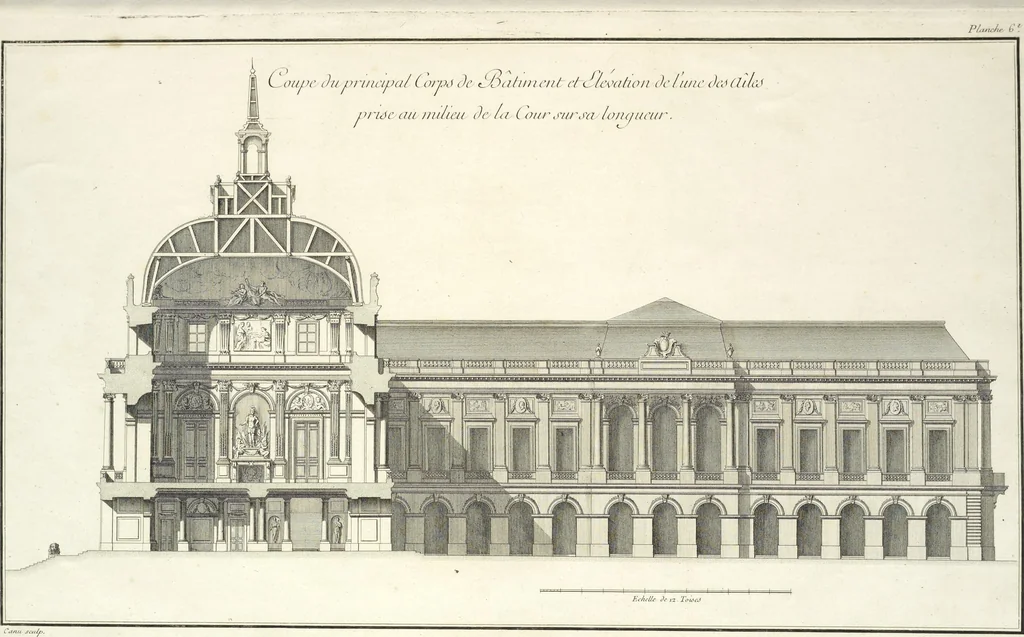 An illustration from Recueil des plans, coupes et elévations du nouvel Hôtel de ville de Rouen : dont la construction a été commencée en mai 1757, et avec les plans d'un accroissement et autres ouvrages projettés par cette ville, 1758, leaf 34