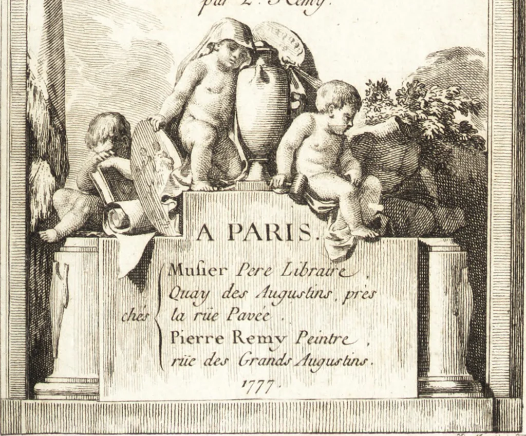An illustration from Catalogue d'une riche collection de tableaux des maîtres les plus célèbres des trois écoles, dessins aussi des plus grands maîtres, sous verre & en feuilles, bronzes, marbres, terre cuite du Quesnoi, de Bouchardon, &c., pierres gravées antiques, pendules, montres, & bijoux, & autres objets curieux qui composent le cabinet de feu Son Altesse Sérénissime Monseigneur le prince de Conti, prince du sang, & grand prieur de France, 1777, leaf 8