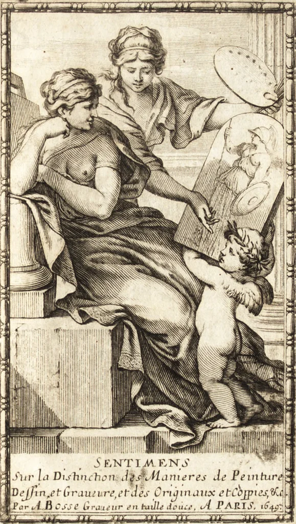 An illustration from Sentimens sur la distinction des diuerses manieres de peinture, dessein & graueure, & des originaux d'auec leurs copies : ensemble du choix des sujets, & des chemins pour arriuer facilement & promptement à bien pourtraire, 1649, leaf 6