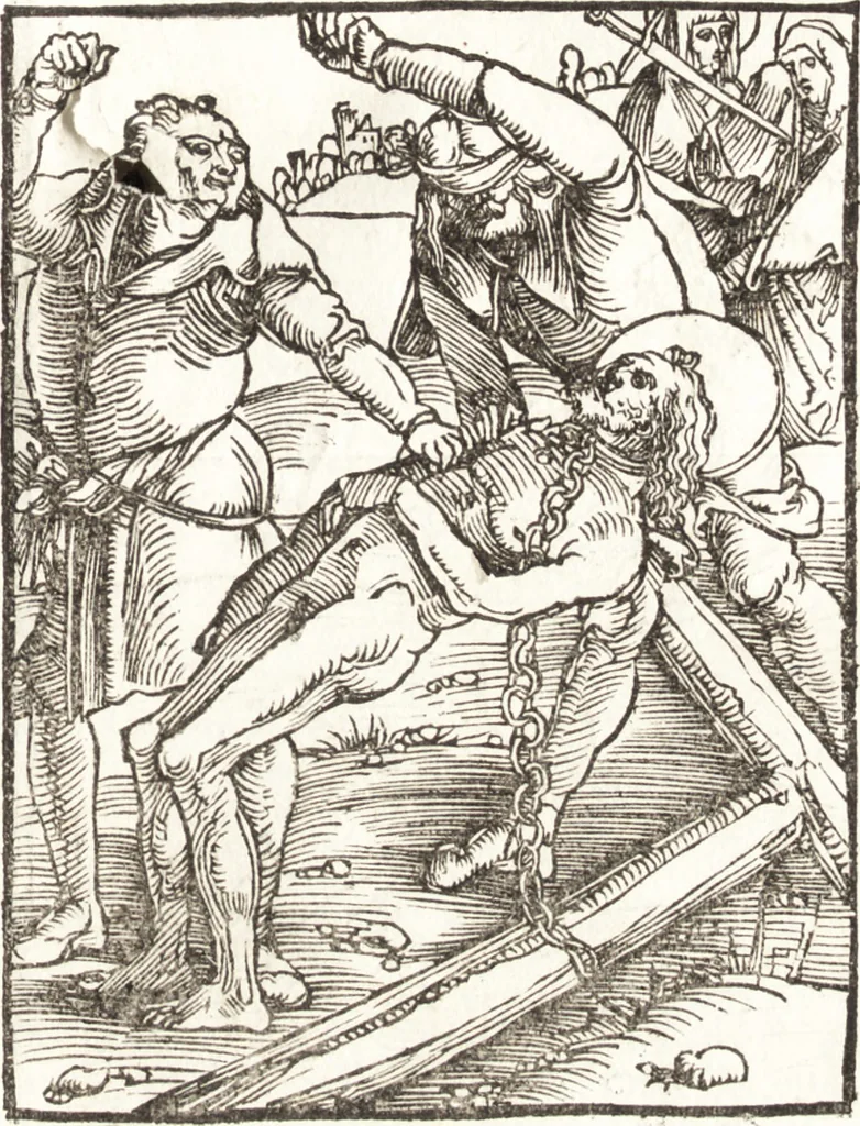 An illustration from Speculum passionis Domini Nostri Ihesu Christi : in quo relucẽt hec omnia singulariter vere & absolute, puta omnis p[er]fectio yerarchie, omniũ fidelium beatitudo, omnes virtutes, dona, fructus, et spiritualiũ bonorũ omnium efficacia, quod in fine prime partis huius speculi manifestissime cõprobat̃, 1507, leaf 108