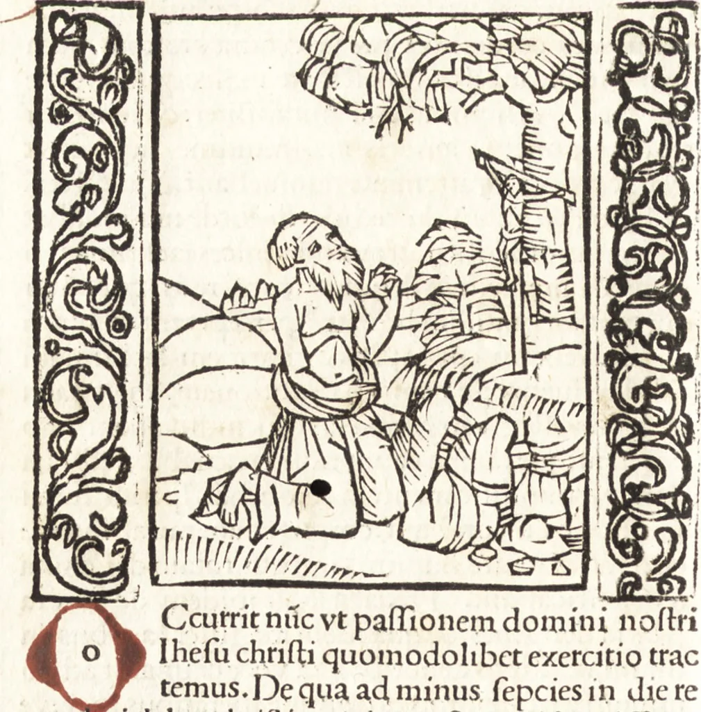 An illustration from Speculum passionis Domini Nostri Ihesu Christi : in quo relucẽt hec omnia singulariter vere & absolute, puta omnis p[er]fectio yerarchie, omniũ fidelium beatitudo, omnes virtutes, dona, fructus, et spiritualiũ bonorũ omnium efficacia, quod in fine prime partis huius speculi manifestissime cõprobat̃, 1507, leaf 11