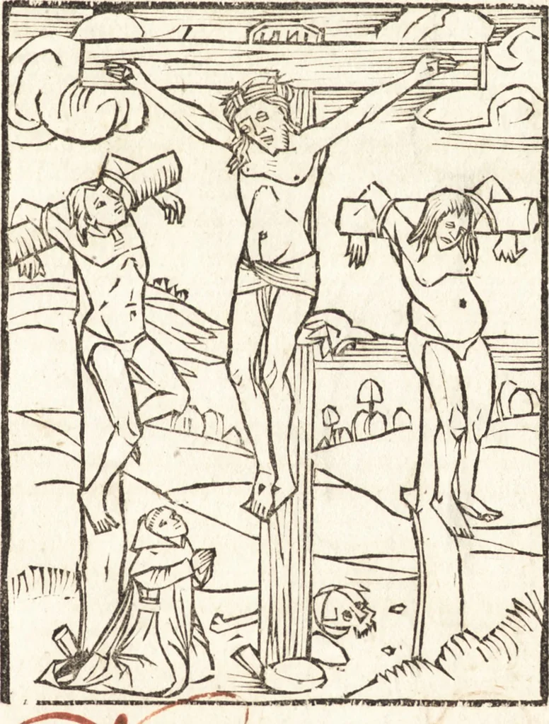An illustration from Speculum passionis Domini Nostri Ihesu Christi : in quo relucẽt hec omnia singulariter vere & absolute, puta omnis p[er]fectio yerarchie, omniũ fidelium beatitudo, omnes virtutes, dona, fructus, et spiritualiũ bonorũ omnium efficacia, quod in fine prime partis huius speculi manifestissime cõprobat̃, 1507, leaf 128