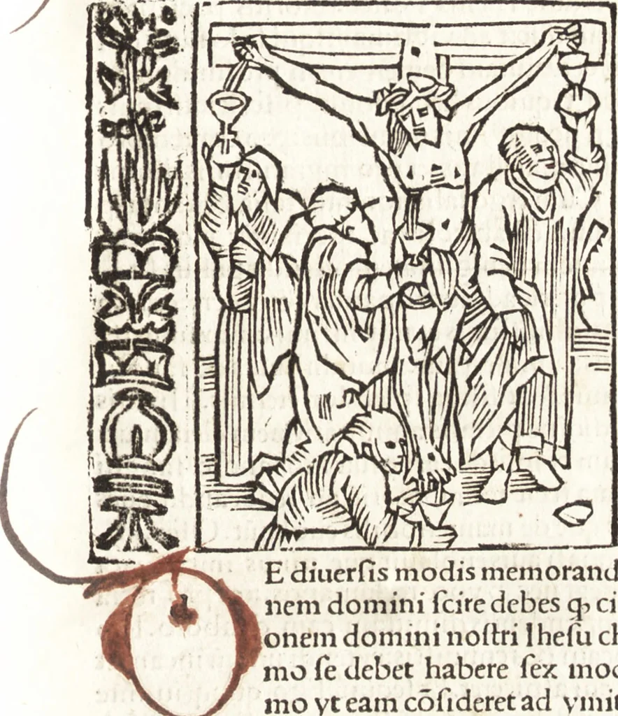 An illustration from Speculum passionis Domini Nostri Ihesu Christi : in quo relucẽt hec omnia singulariter vere & absolute, puta omnis p[er]fectio yerarchie, omniũ fidelium beatitudo, omnes virtutes, dona, fructus, et spiritualiũ bonorũ omnium efficacia, quod in fine prime partis huius speculi manifestissime cõprobat̃, 1507, leaf 14