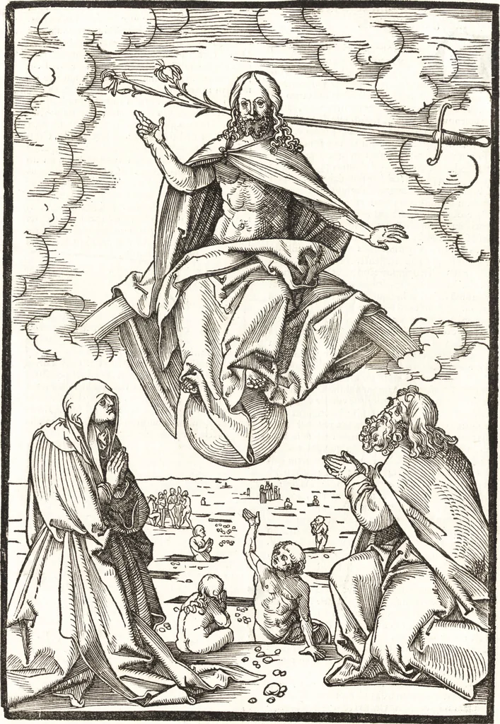 An illustration from Speculum passionis Domini Nostri Ihesu Christi : in quo relucẽt hec omnia singulariter vere & absolute, puta omnis p[er]fectio yerarchie, omniũ fidelium beatitudo, omnes virtutes, dona, fructus, et spiritualiũ bonorũ omnium efficacia, quod in fine prime partis huius speculi manifestissime cõprobat̃, 1507, leaf 157