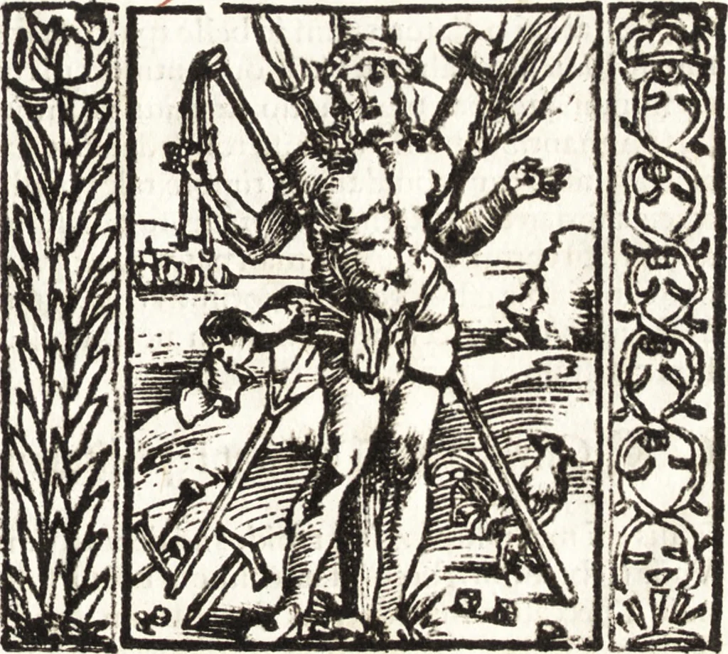 An illustration from Speculum passionis Domini Nostri Ihesu Christi : in quo relucẽt hec omnia singulariter vere & absolute, puta omnis p[er]fectio yerarchie, omniũ fidelium beatitudo, omnes virtutes, dona, fructus, et spiritualiũ bonorũ omnium efficacia, quod in fine prime partis huius speculi manifestissime cõprobat̃, 1507, leaf 16