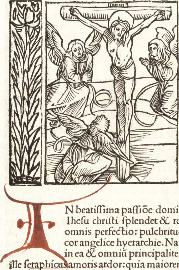 An illustration from Speculum passionis Domini Nostri Ihesu Christi : in quo relucẽt hec omnia singulariter vere & absolute, puta omnis p[er]fectio yerarchie, omniũ fidelium beatitudo, omnes virtutes, dona, fructus, et spiritualiũ bonorũ omnium efficacia, quod in fine prime partis huius speculi manifestissime cõprobat̃, 1507, leaf 20