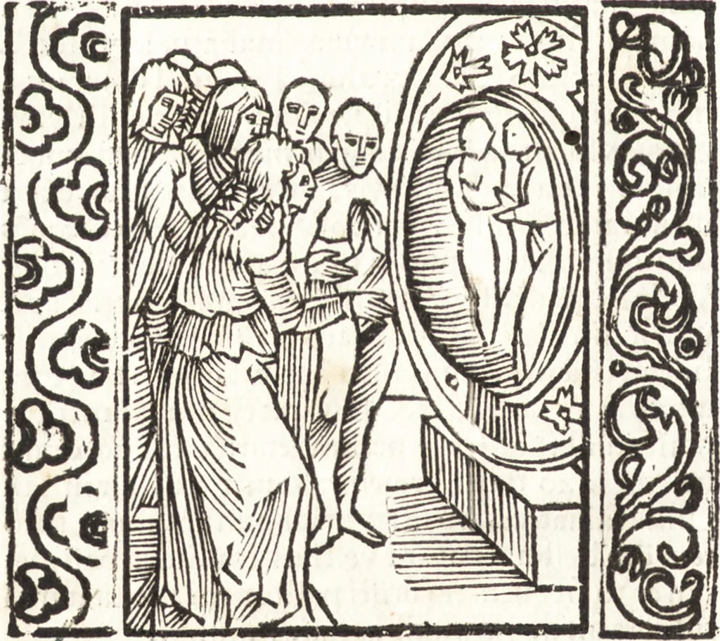 An illustration from Speculum passionis Domini Nostri Ihesu Christi : in quo relucẽt hec omnia singulariter vere & absolute, puta omnis p[er]fectio yerarchie, omniũ fidelium beatitudo, omnes virtutes, dona, fructus, et spiritualiũ bonorũ omnium efficacia, quod in fine prime partis huius speculi manifestissime cõprobat̃, 1507, leaf 21
