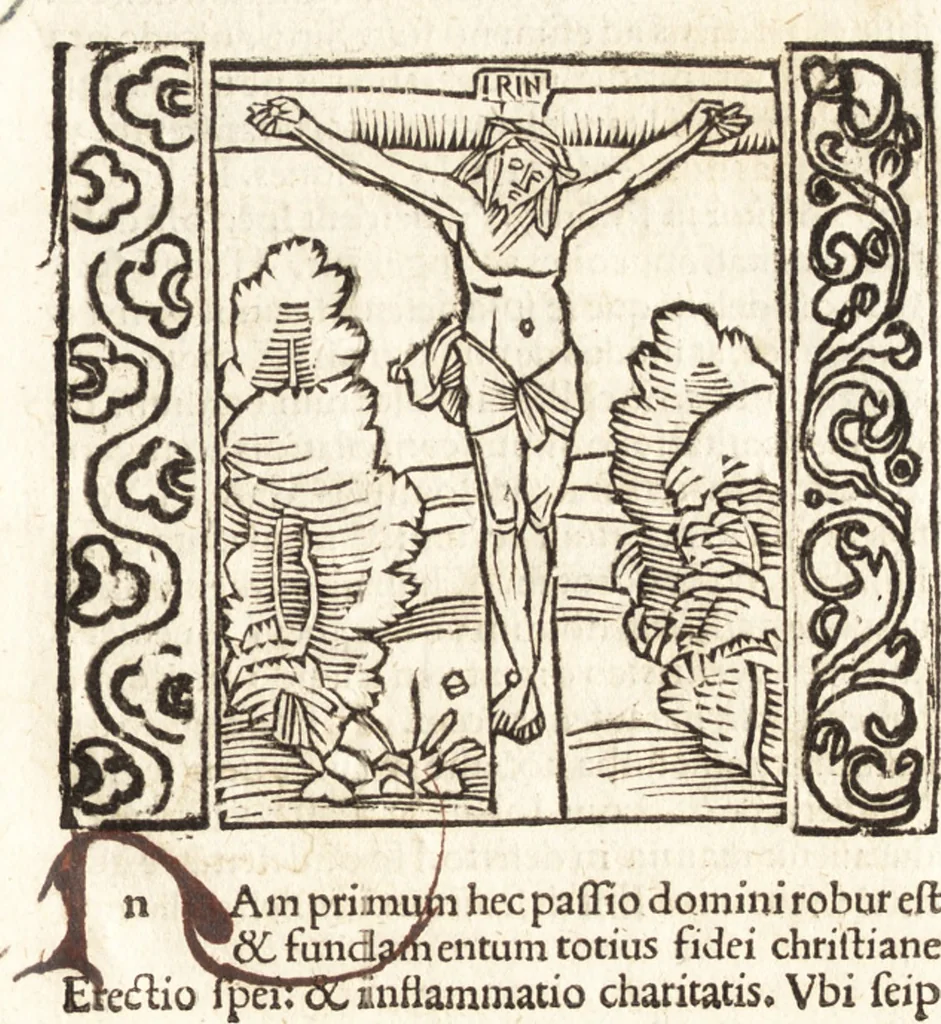 An illustration from Speculum passionis Domini Nostri Ihesu Christi : in quo relucẽt hec omnia singulariter vere & absolute, puta omnis p[er]fectio yerarchie, omniũ fidelium beatitudo, omnes virtutes, dona, fructus, et spiritualiũ bonorũ omnium efficacia, quod in fine prime partis huius speculi manifestissime cõprobat̃, 1507, leaf 22