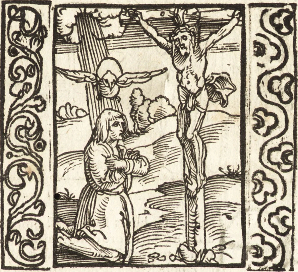 An illustration from Speculum passionis Domini Nostri Ihesu Christi : in quo relucẽt hec omnia singulariter vere & absolute, puta omnis p[er]fectio yerarchie, omniũ fidelium beatitudo, omnes virtutes, dona, fructus, et spiritualiũ bonorũ omnium efficacia, quod in fine prime partis huius speculi manifestissime cõprobat̃, 1507, leaf 24