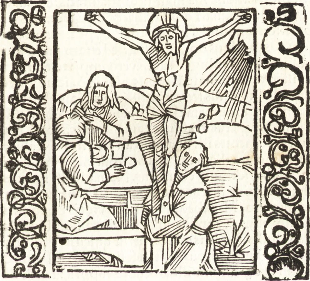 An illustration from Speculum passionis Domini Nostri Ihesu Christi : in quo relucẽt hec omnia singulariter vere & absolute, puta omnis p[er]fectio yerarchie, omniũ fidelium beatitudo, omnes virtutes, dona, fructus, et spiritualiũ bonorũ omnium efficacia, quod in fine prime partis huius speculi manifestissime cõprobat̃, 1507, leaf 26