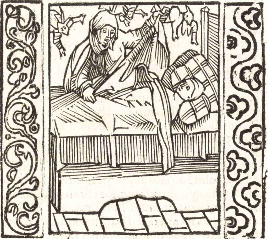 An illustration from Speculum passionis Domini Nostri Ihesu Christi : in quo relucẽt hec omnia singulariter vere & absolute, puta omnis p[er]fectio yerarchie, omniũ fidelium beatitudo, omnes virtutes, dona, fructus, et spiritualiũ bonorũ omnium efficacia, quod in fine prime partis huius speculi manifestissime cõprobat̃, 1507, leaf 27
