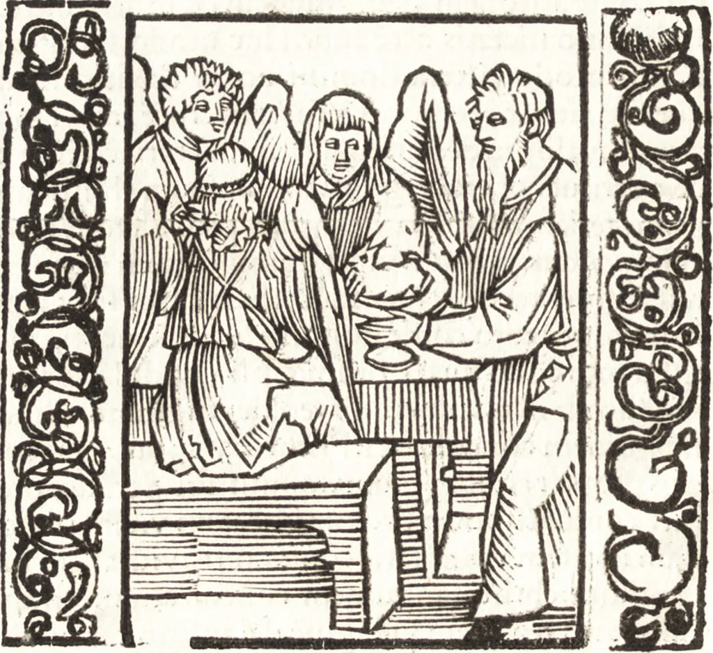 An illustration from Speculum passionis Domini Nostri Ihesu Christi : in quo relucẽt hec omnia singulariter vere & absolute, puta omnis p[er]fectio yerarchie, omniũ fidelium beatitudo, omnes virtutes, dona, fructus, et spiritualiũ bonorũ omnium efficacia, quod in fine prime partis huius speculi manifestissime cõprobat̃, 1507, leaf 27