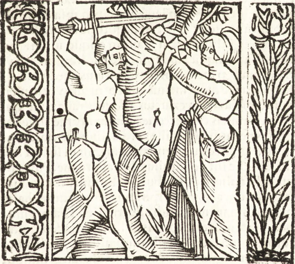 An illustration from Speculum passionis Domini Nostri Ihesu Christi : in quo relucẽt hec omnia singulariter vere & absolute, puta omnis p[er]fectio yerarchie, omniũ fidelium beatitudo, omnes virtutes, dona, fructus, et spiritualiũ bonorũ omnium efficacia, quod in fine prime partis huius speculi manifestissime cõprobat̃, 1507, leaf 30